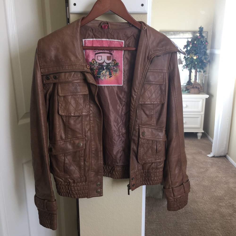 Distressed looking brown leather jacket